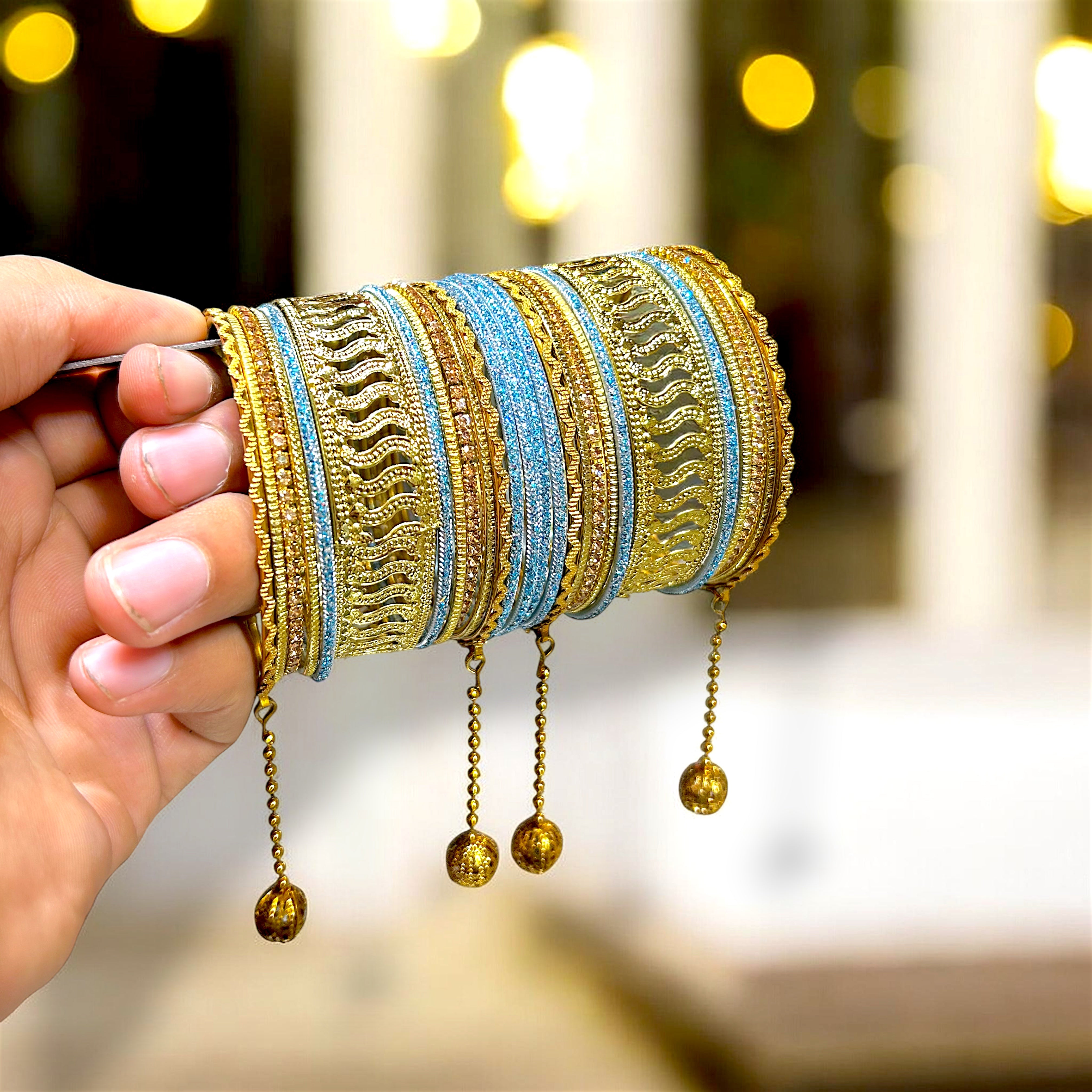 20 Colours Available | Bridesmaid, Wedding Events & Party Wear | Premium Golden Base Designer Bangles Set for Women with Hanging Charms
