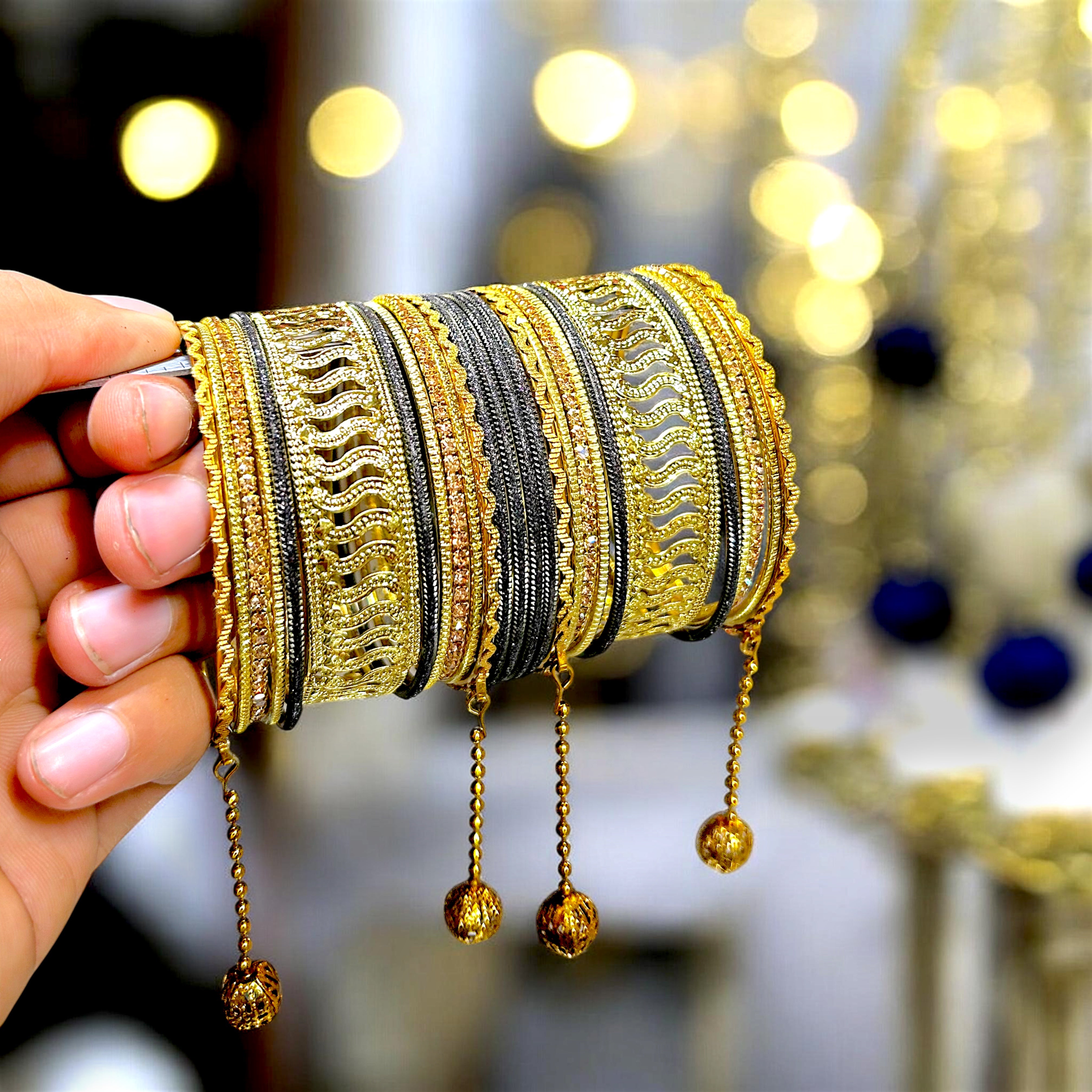 20 Colours Available | Bridesmaid, Wedding Events & Party Wear | Premium Golden Base Designer Bangles Set for Women with Hanging Charms