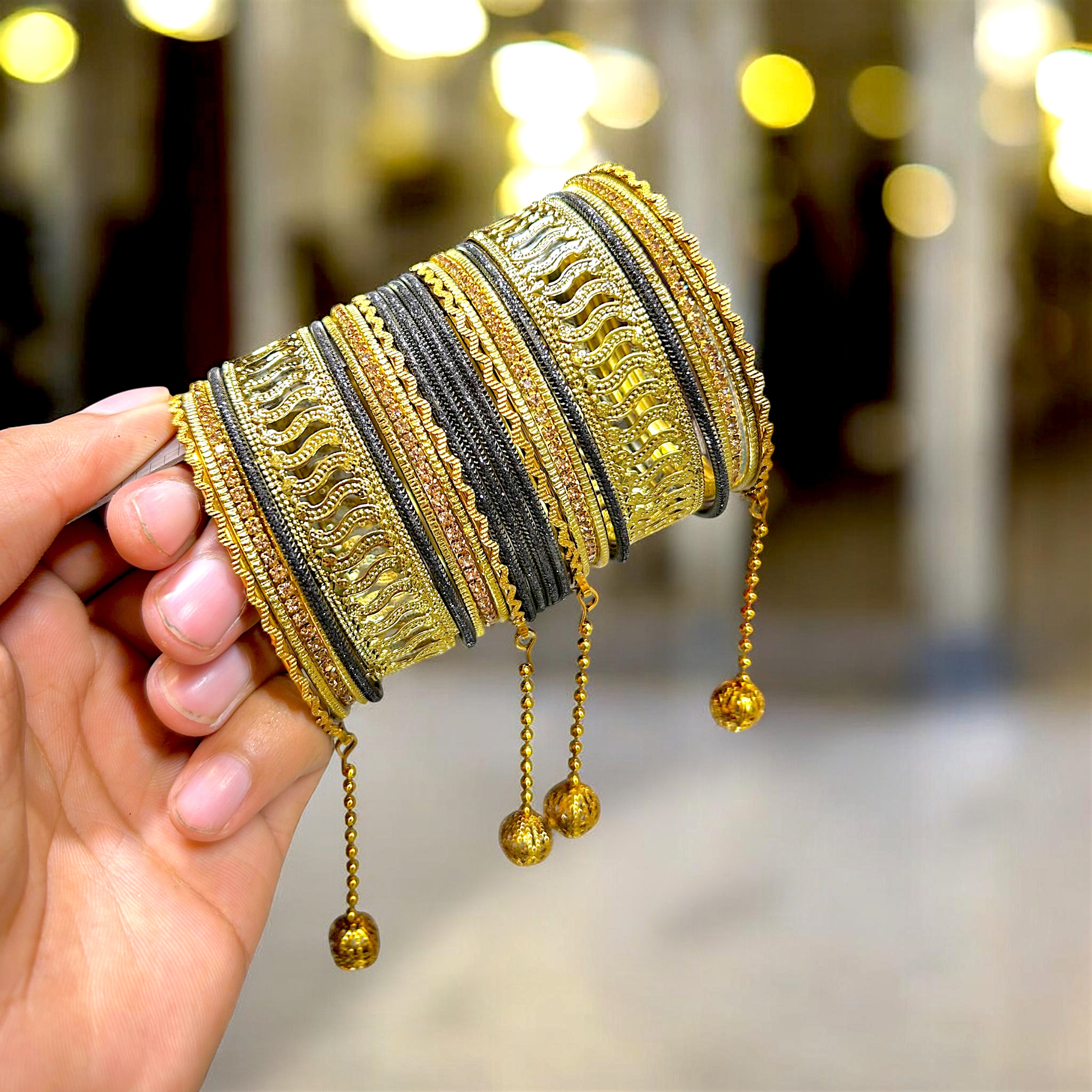 20 Colours Available | Bridesmaid, Wedding Events & Party Wear | Premium Golden Base Designer Bangles Set for Women with Hanging Charms