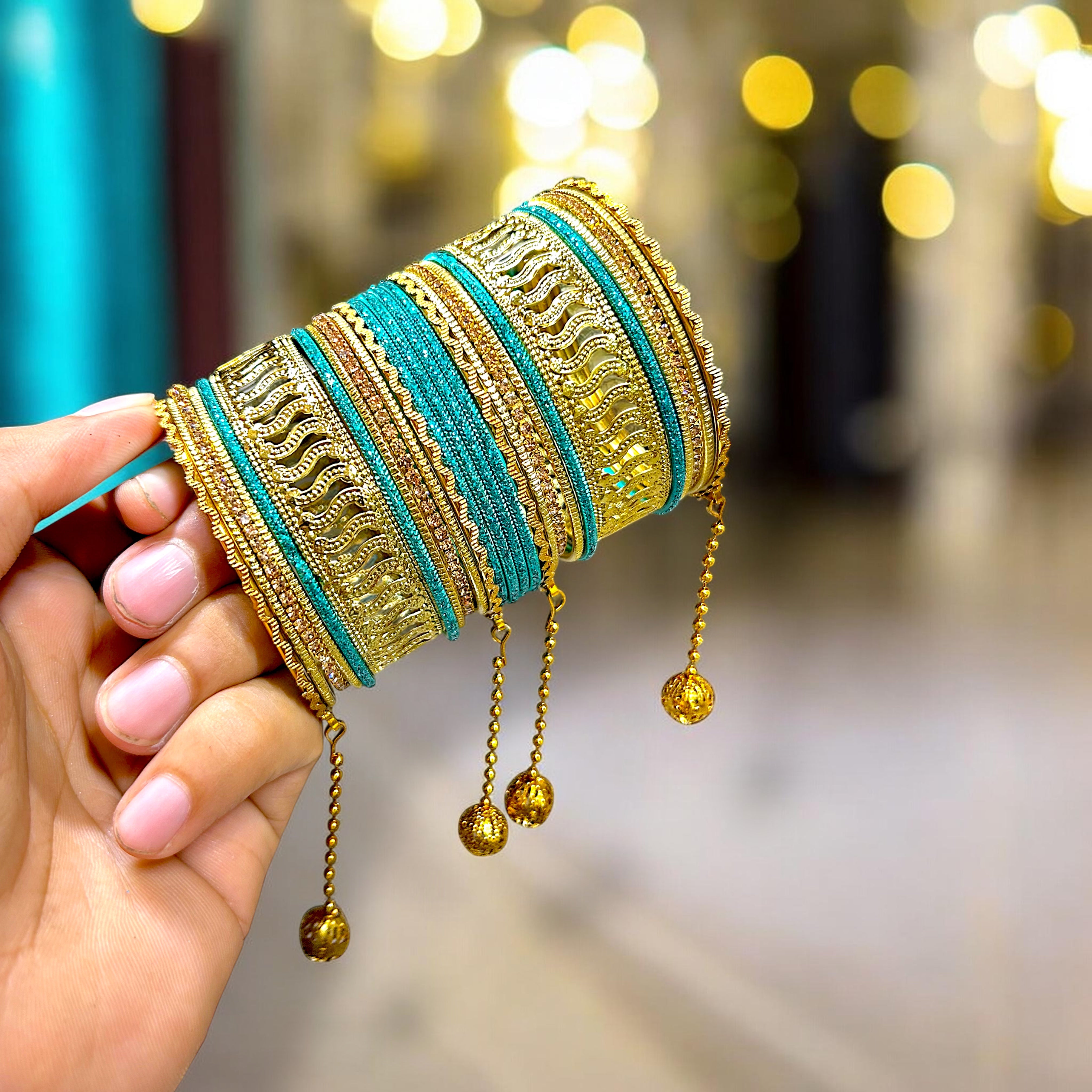20 Colours Available | Bridesmaid, Wedding Events & Party Wear | Premium Golden Base Designer Bangles Set for Women with Hanging Charms