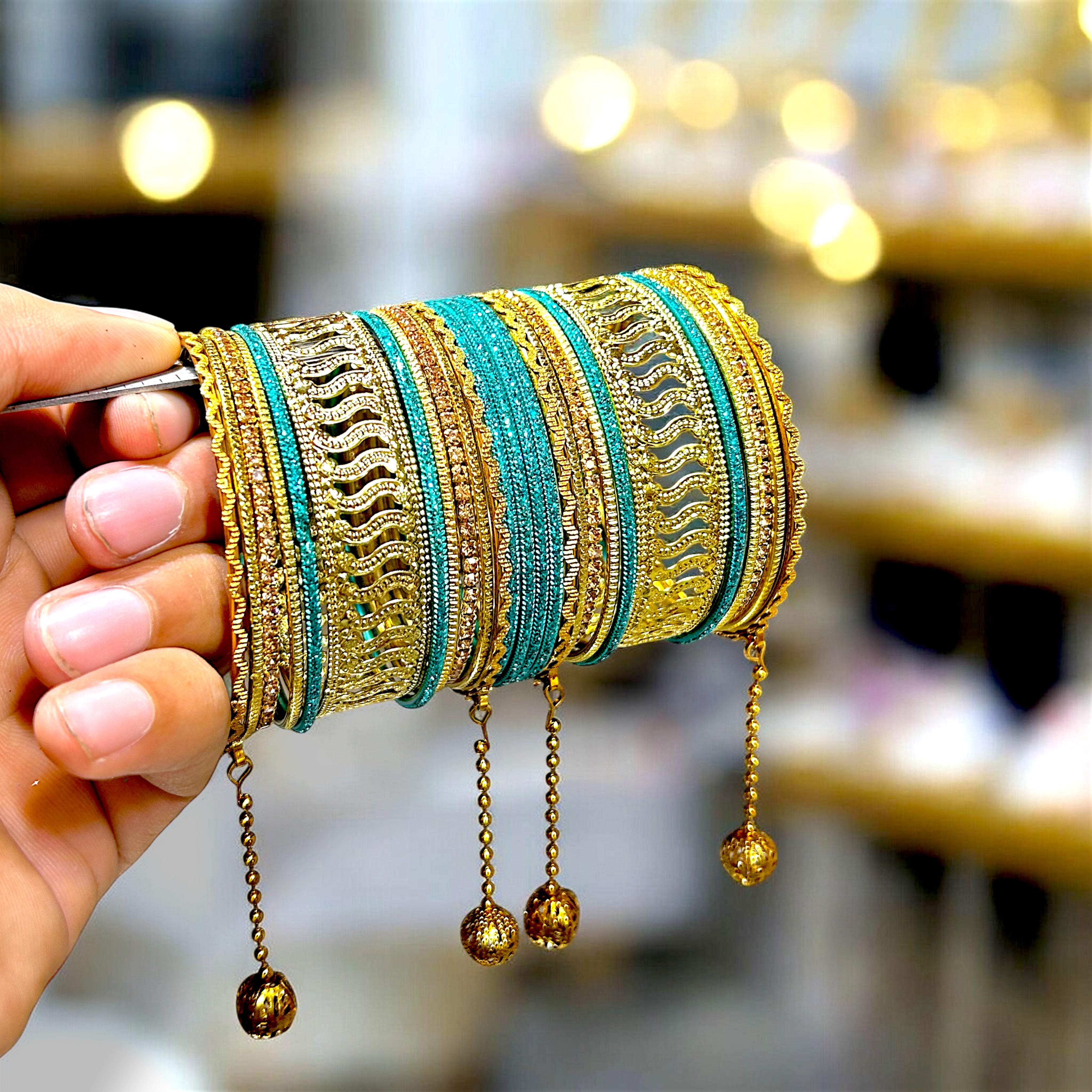 20 Colours Available | Bridesmaid, Wedding Events & Party Wear | Premium Golden Base Designer Bangles Set for Women with Hanging Charms