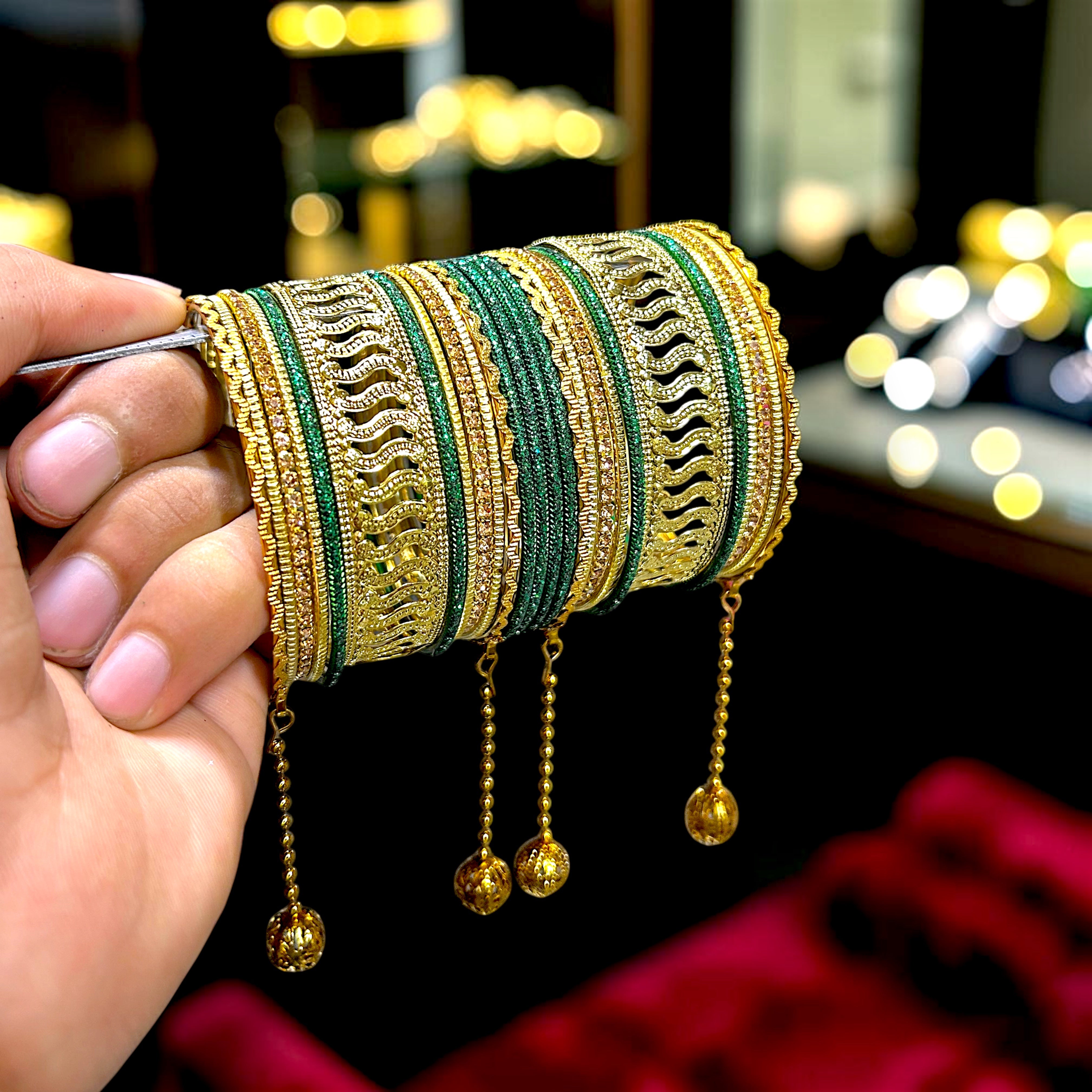 20 Colours Available | Bridesmaid, Wedding Events & Party Wear | Premium Golden Base Designer Bangles Set for Women with Hanging Charms