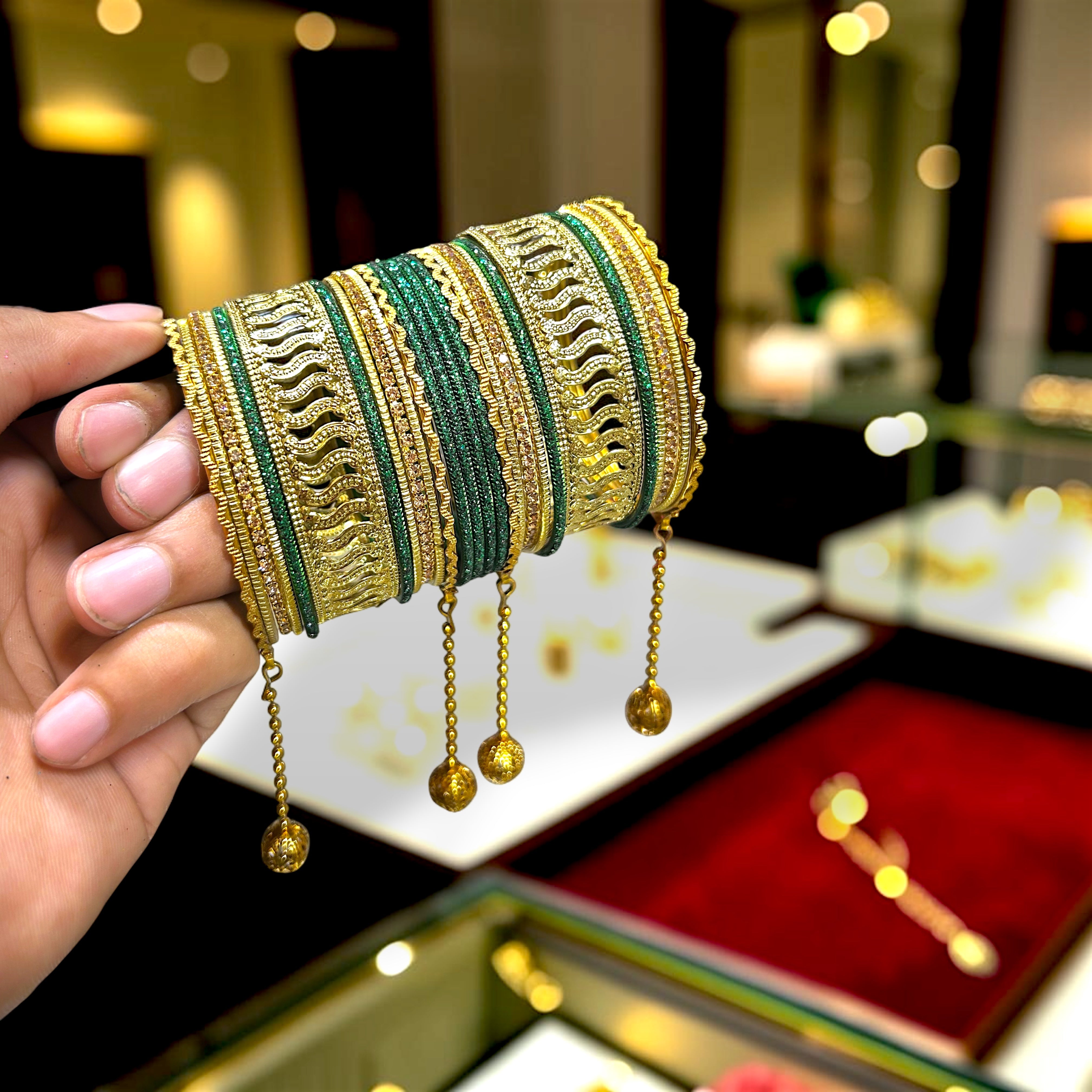 20 Colours Available | Bridesmaid, Wedding Events & Party Wear | Premium Golden Base Designer Bangles Set for Women with Hanging Charms
