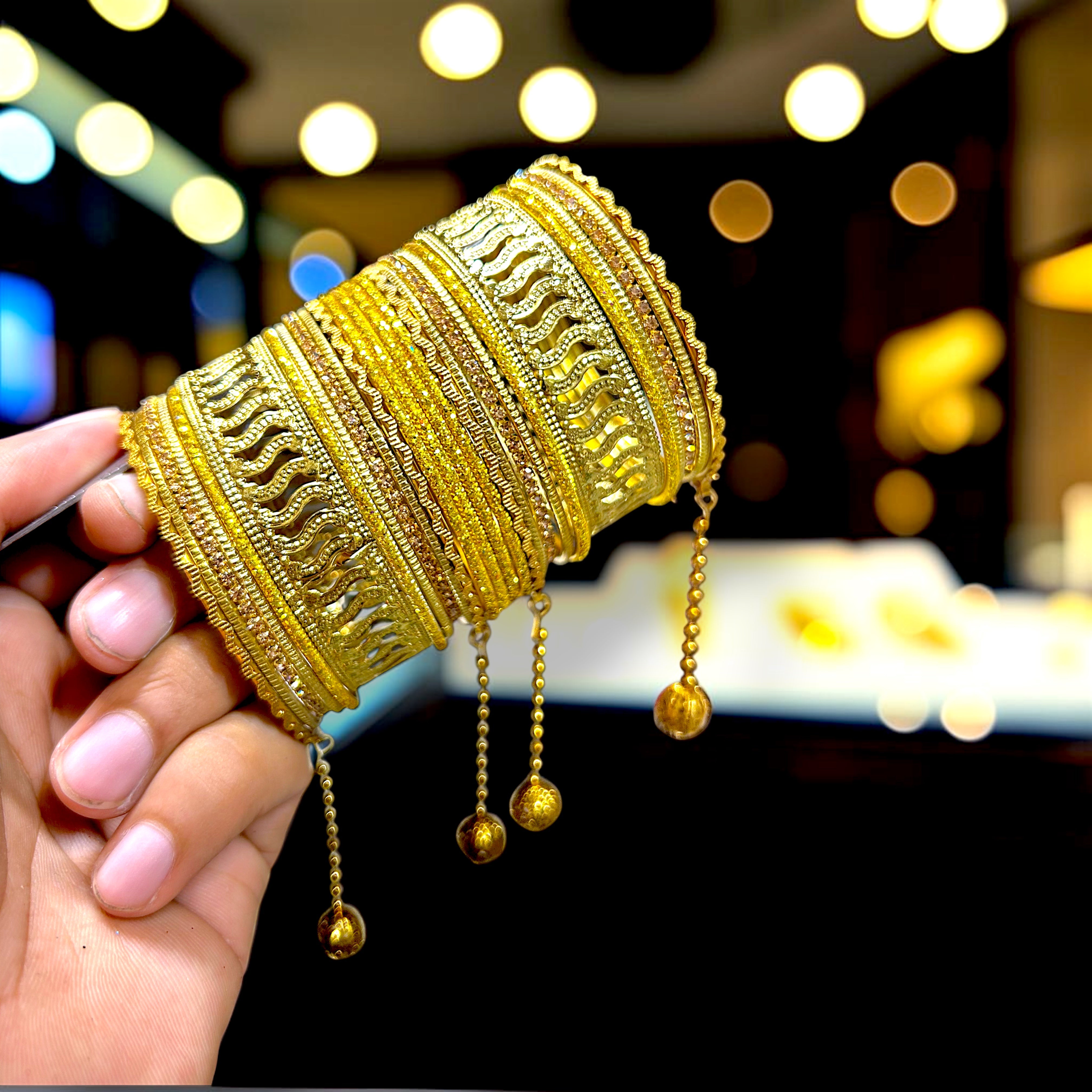 20 Colours Available | Bridesmaid, Wedding Events & Party Wear | Premium Golden Base Designer Bangles Set for Women with Hanging Charms