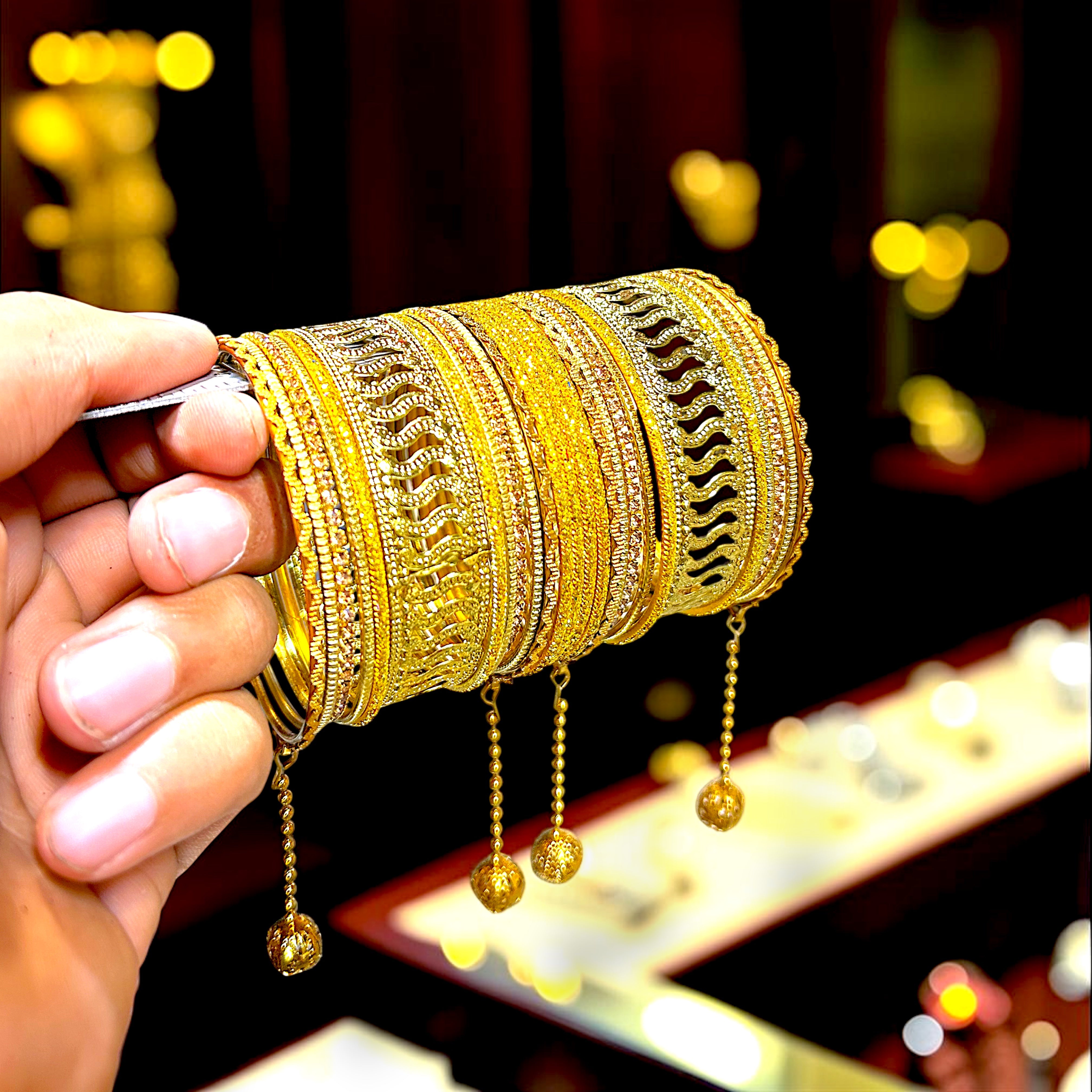 20 Colours Available | Bridesmaid, Wedding Events & Party Wear | Premium Golden Base Designer Bangles Set for Women with Hanging Charms