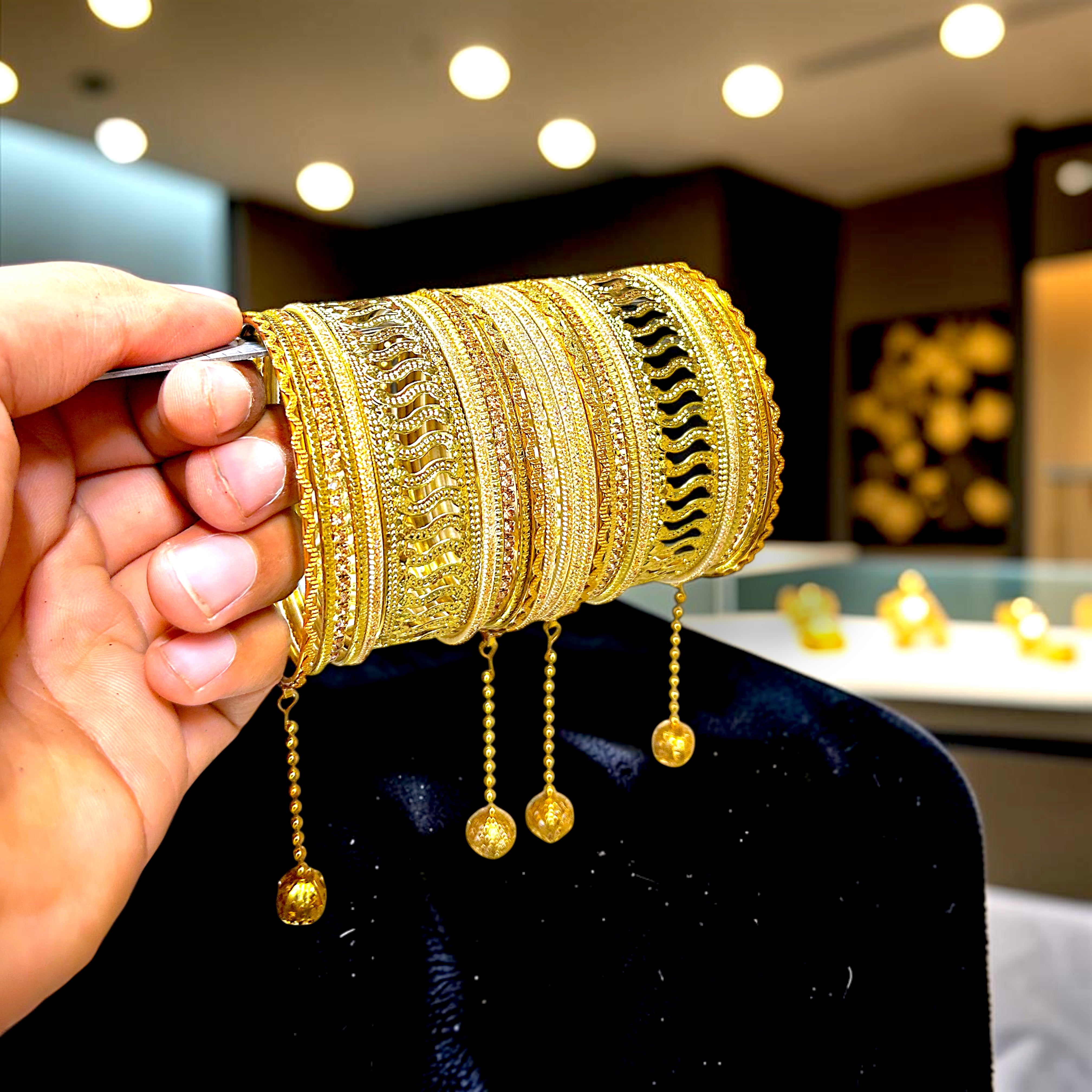 20 Colours Available | Bridesmaid, Wedding Events & Party Wear | Premium Golden Base Designer Bangles Set for Women with Hanging Charms