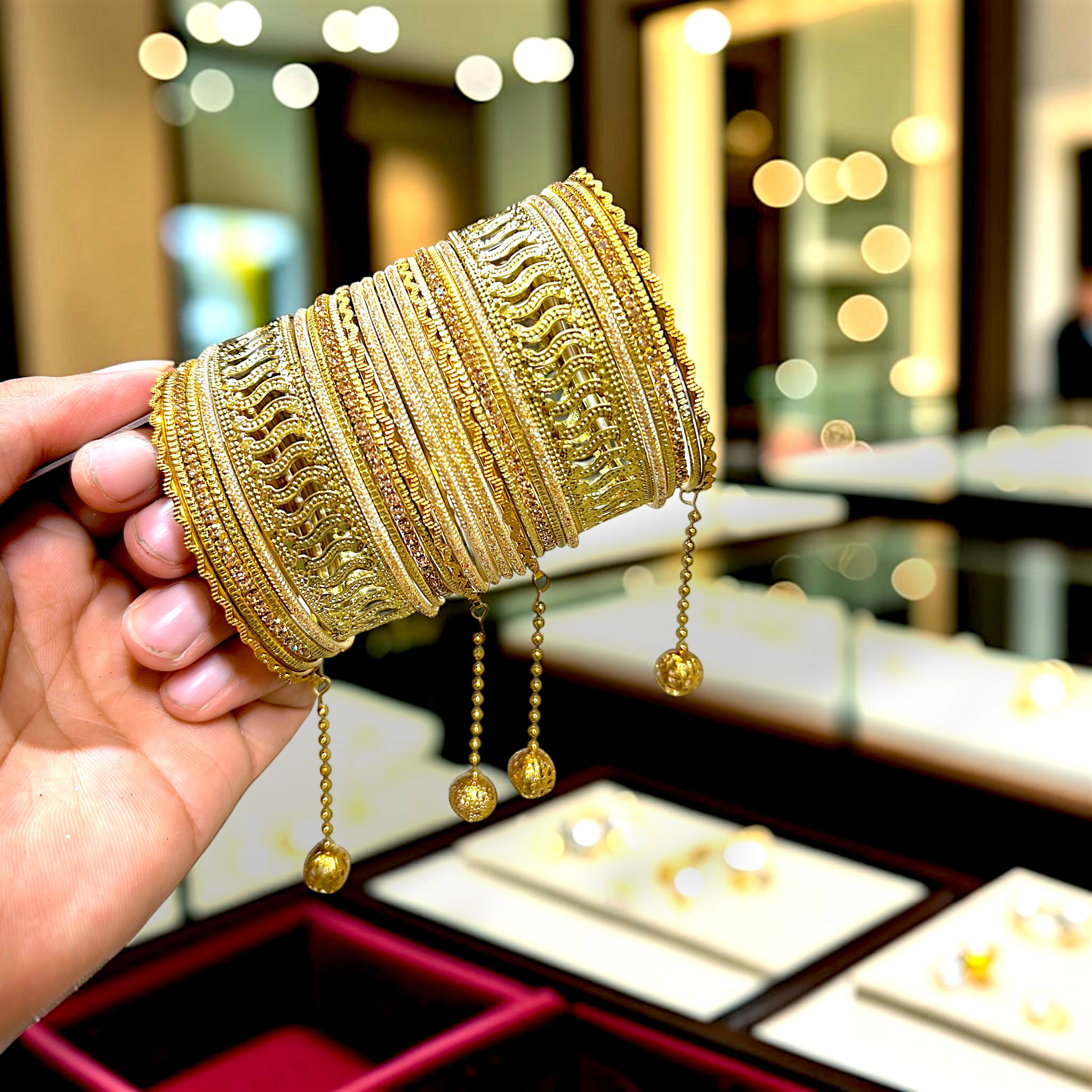 20 Colours Available | Bridesmaid, Wedding Events & Party Wear | Premium Golden Base Designer Bangles Set for Women with Hanging Charms