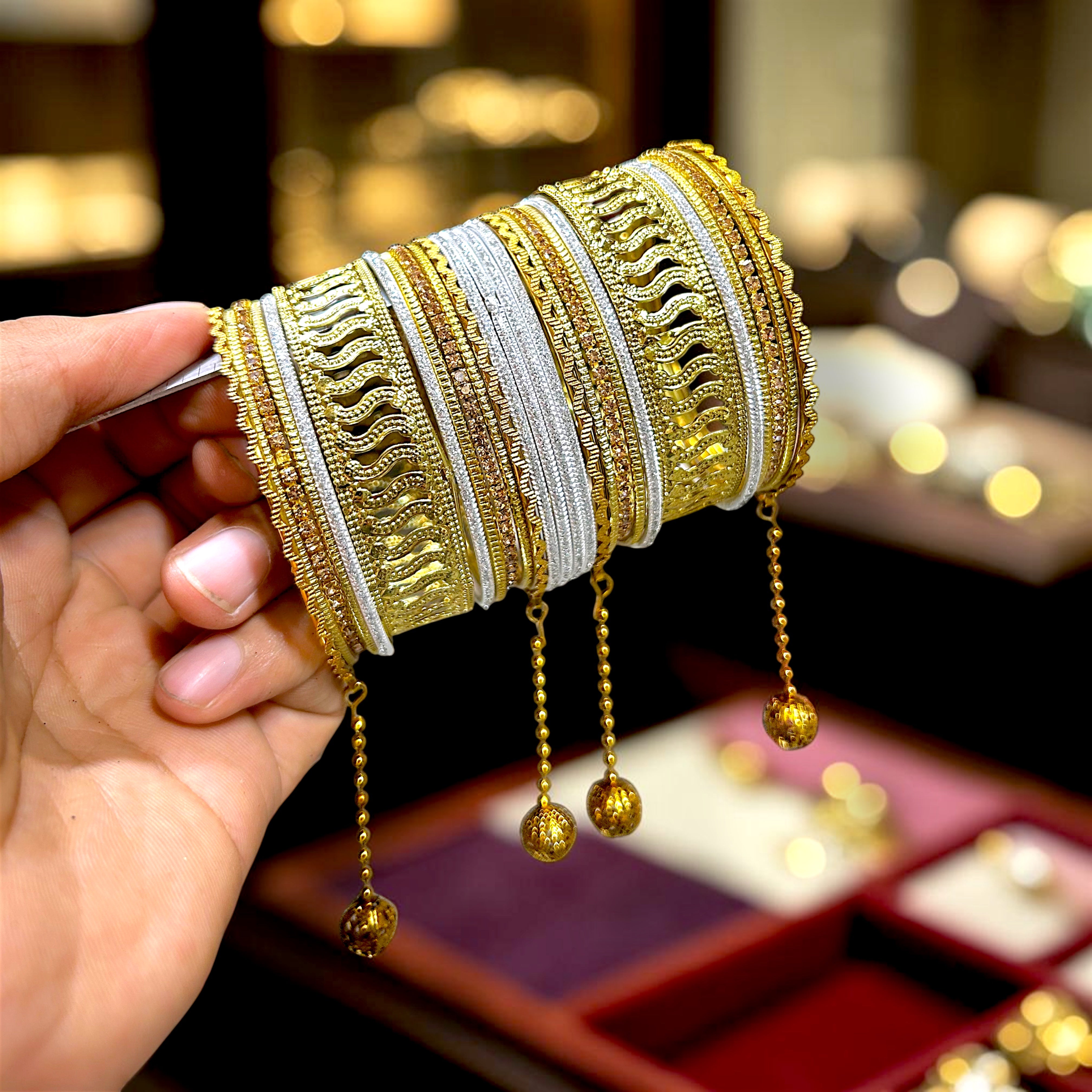 20 Colours Available | Bridesmaid, Wedding Events & Party Wear | Premium Golden Base Designer Bangles Set for Women with Hanging Charms