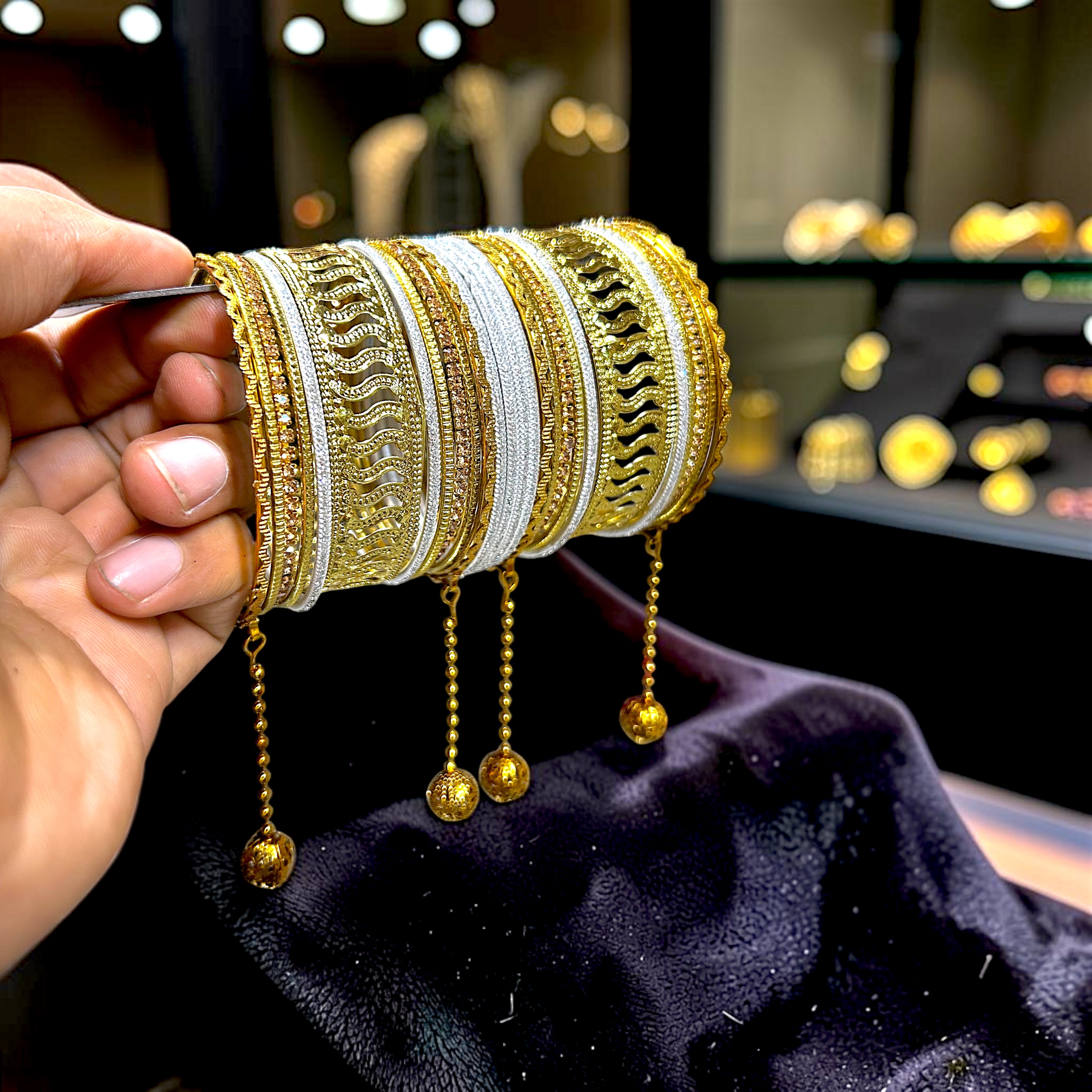 20 Colours Available | Bridesmaid, Wedding Events & Party Wear | Premium Golden Base Designer Bangles Set for Women with Hanging Charms