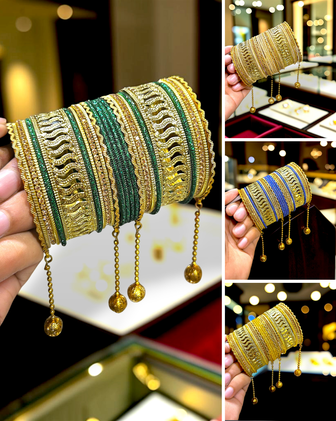 20 Colours Available | Bridesmaid, Wedding Events & Party Wear | Premium Golden Base Designer Bangles Set for Women with Hanging Charms